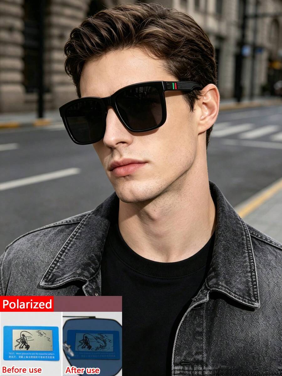 1 PC Men's Solid Color Square Fashion Glasses Lightweight PC Frame Polarized Lens Classic Casual Style For Beach Vacation Outing With Glasses Box - Multicolor - View 1