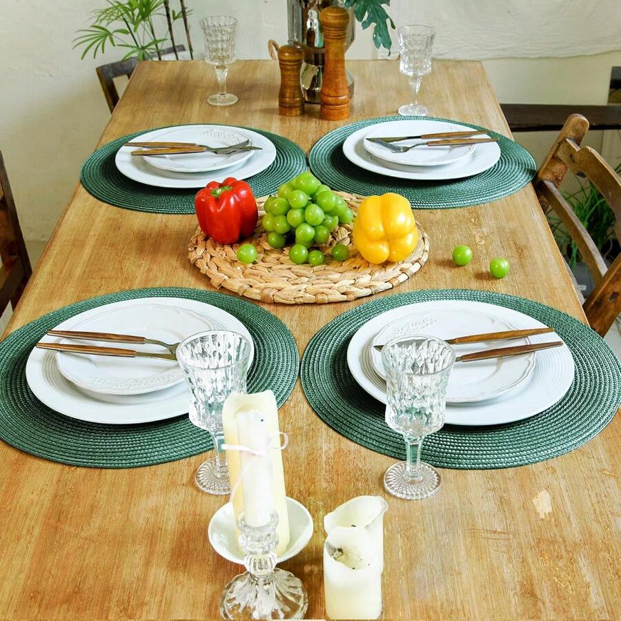 6 Pcs Dark Green PP Hand-Woven Round Placemats, Heat Insulation Table Mats, Wrinkle Resistant Decorative Pads, Multi-Color Optional, For Birthday Christmas Housewarming Banquet Holiday Party Family Gathering - Dark Green - View 1