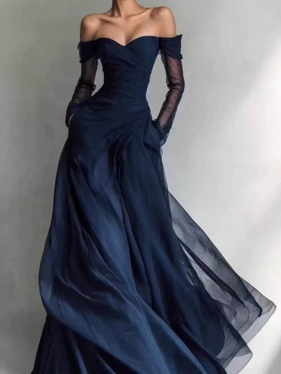 Vestidos de Fiesta Elegantes Mujer Vestidos Elegantes Largos Vestido Bandeau Estilo Francés Occidental Manga Larga Cintura Alta Tul Falda Amplia Ajustado Elegante para Mujer - Azul Marino - Ver 1