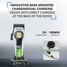 KEMEI KM-2374 Luxury Hair Clipper, DLC Coated Adjustable Blade, Magnetic Motor Quiet Powerful, 3000mAh Battery USB Charging Dock Fast Charge, LED Display Battery Level, Interchangeable Color Covers, Great For Salon & Home - View 3