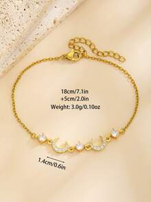 1pc Dainty Gold Tone Double Crescent Moon Charm Bracelet With Sparkling Stones Adjustable Chain Girls Kids Jewelry For Birthday Parties Daily Wear - Gold - View 2