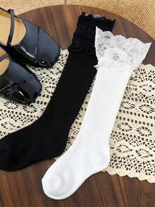 1/2 Pairs Sweet Girl Lace Trim Vertical Stripe Versatile Comfortable Knee-High Socks - Multicolor - View 9