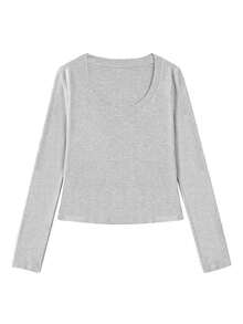 Korean Style Rolled Edge U-Neck Versatile Long Sleeve Knit Base Layer Top Women Innerwear T-Shirt - Grey - View 9