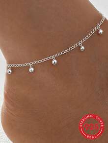 1pc S925 Sterling Silver Minimalist Cool Round Bead Pendant Anklet, Light Luxury Elegant Niche Ins Style Versatile Brightening Fresh Foot Jewelry, Women's Daily Party Beach Holiday Wear Atmosphere Foot Chain Gift - Beads - View 1