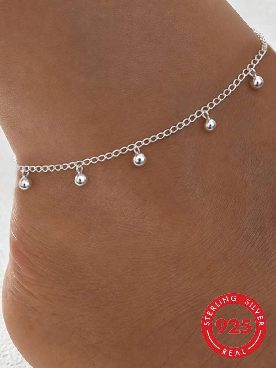 1pc S925 Sterling Silver Minimalist Cool Round Bead Pendant Anklet, Light Luxury Elegant Niche Ins Style Versatile Brightening Fresh Foot Jewelry, Women's Daily Party Beach Holiday Wear Atmosphere Foot Chain Gift - Beads - View 1