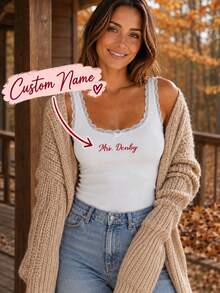Personalized Embroidered Lace Tank Top, Custom Embroidery Modal Tank Bridal Shower Gift, Engagement Gift Bachelorette Party, New Mrs. Tank - Multicolor - View 4