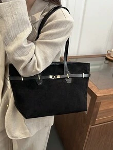 Retro Suede Large Capacity Belt Tote Bag For Women, Leopard Print Chic Personalized Casual Versatile Niche Shoulder Big Bag - Black - View 5