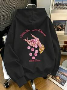 大尺碼女款連帽衛衣，卡通骰子文字印花，抽繩口袋，休閒運動風，秋冬上衣，日常穿著 - 黑色 - 查看 1