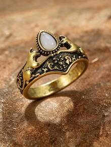 1pc Vintage Cat Ring For Women Gold Color Imitation White Opal Ring Retro Embossed Animal Cat Finger Ring Bohemian Gothic Jewelry Party Birthday Gift - Ring - View 6