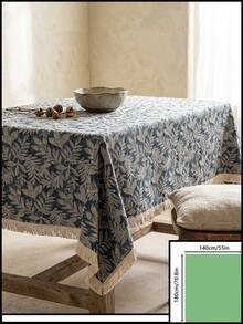 1pc Gray Blue Base White Branch & Leaf Pattern Tablecloth, Natural Rustic Style Linen Blend Material, Rectangular Beige Tassel Edge Detail, Stain-Resistant Desktop Protection Function, Suitable For Daily Home Use And Natural Dining Table Decor Scenes - Blue - View 13