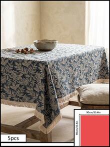 1pc Gray Blue Base White Branch & Leaf Pattern Tablecloth, Natural Rustic Style Linen Blend Material, Rectangular Beige Tassel Edge Detail, Stain-Resistant Desktop Protection Function, Suitable For Daily Home Use And Natural Dining Table Decor Scenes - Blue - View 12