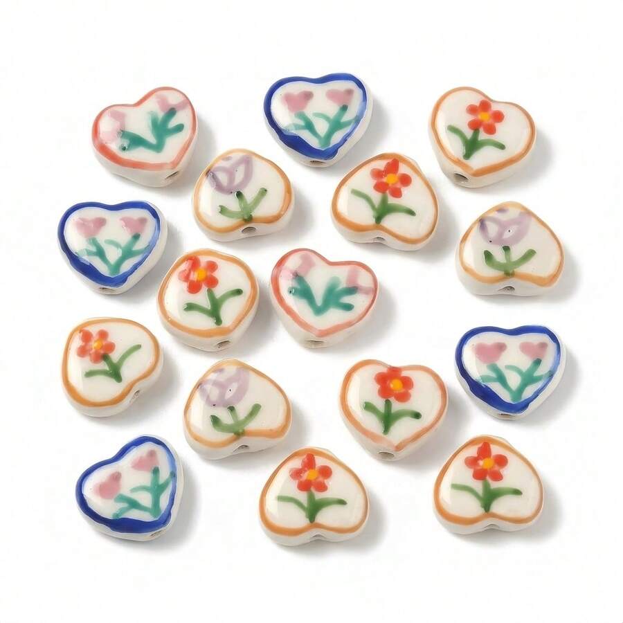 6pcs Hand-Painted Heart-Shaped Ceramic Beads, Floral Pattern Decorative Beads, Sweet Hand-Painted Flower Decorative Beads, Suitable For DIY Bracelets, Necklaces, Earrings And Other Jewelry Making And Handicrafts - Color Mixing - View 1