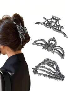 4.5-3PCS Women's Solid Color Halloween Personalized Skull Ghost Claw Alloy Metal Large Hair Claw Clip Suitable For Holiday Daily Use - 3pcs Black - View 4