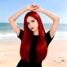 Wig Panjang Lurus Belahan Tengah Warna Merah 28 Inci, Alami & Realistis, Cocok untuk Pemakaian Sehari-hari, Pesta Festival, Cosplay - merah - View 4