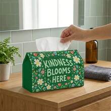 2D Flat Design, 1pc Tissue Box, Playful Floral Art - Minimalist Design, Letter & Flower Green & White Cheerful Pattern, Suitable For Office Desk, Elegant Home & Car Interior Decoration, Easy To Refill Tissue Storage Box - Multicolor - View 10