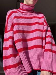 Women's Pink & Red Striped Pullover Sweater, Long Sleeve Turtleneck Winter Top - Pink - View 2