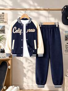 2pcs/Set Young Boy & Little Kid Casual Fashion Letter Print Raglan Sleeve Contrast Color Sweatshirt & Pants Set - Multicolor - View 1