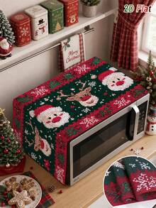 1Pc Christmas Microwave Dust Cover With Santa Claus&Reindeer Pattern, Xmas Red&Green Polyester Microwave/Oven/Stovetop Cover, Microwave Appliance Cover, Kitchen Dust-Proof Protector, Merry Christmas Decor, Kitchen Decor, Holiday Table Decor, Home Decor, Easy To Clean, Stain-Resistant - Christmas a - View 2