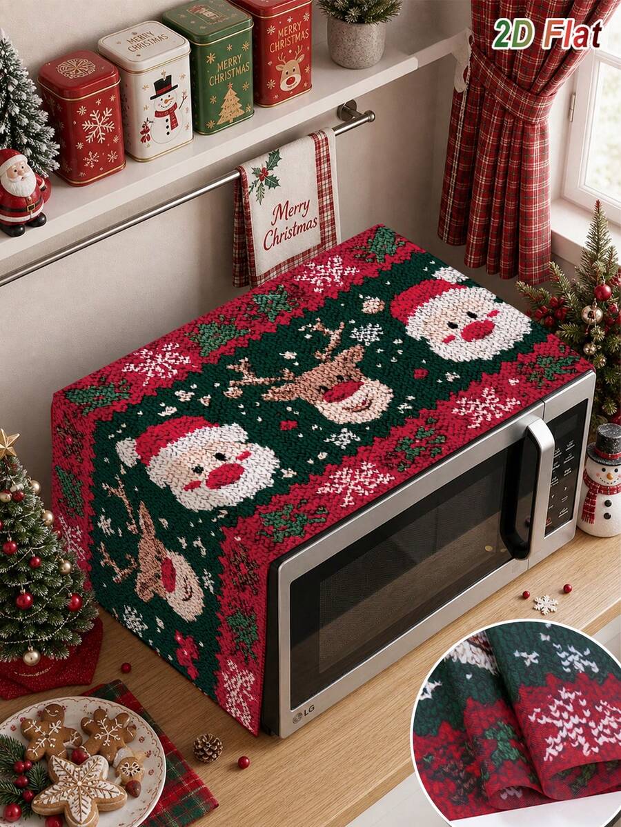 1Pc Christmas Microwave Dust Cover With Santa Claus&Reindeer Pattern, Xmas Red&Green Polyester Microwave/Oven/Stovetop Cover, Microwave Appliance Cover, Kitchen Dust-Proof Protector, Merry Christmas Decor, Kitchen Decor, Holiday Table Decor, Home Decor, Easy To Clean, Stain-Resistant