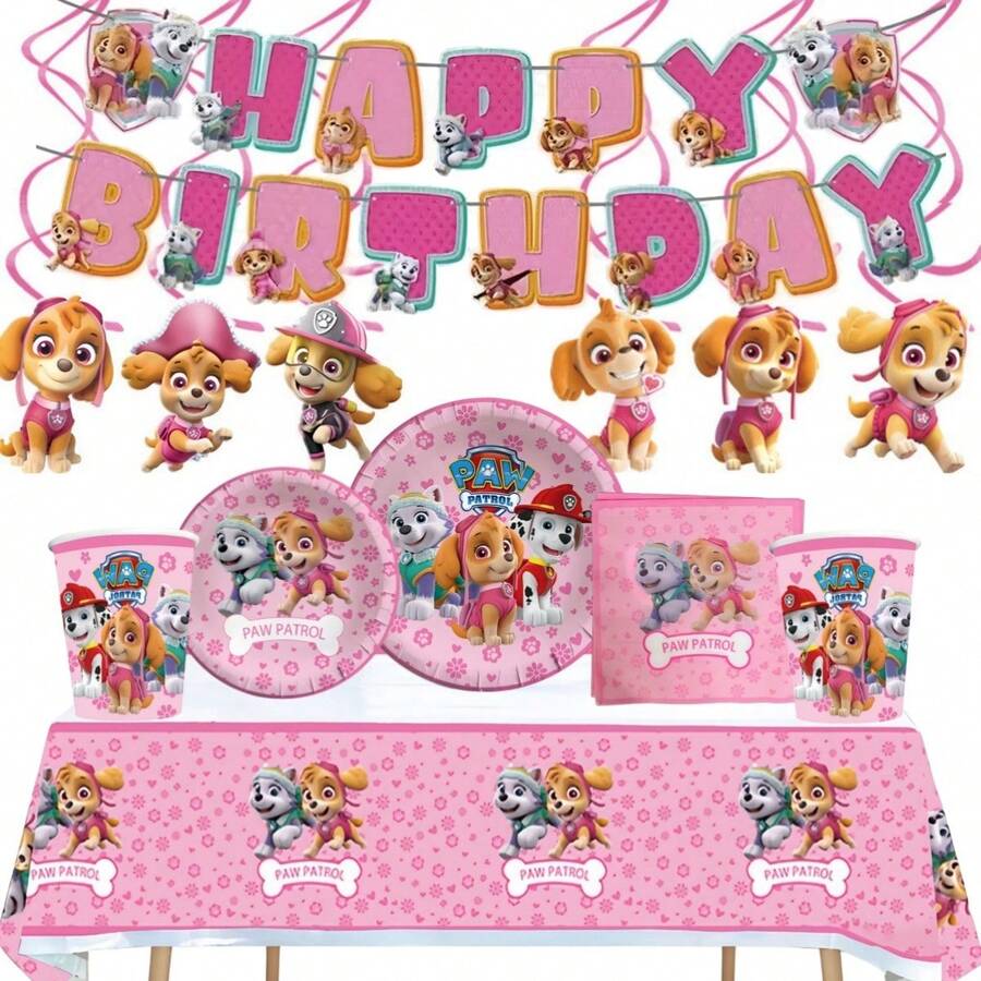 Pink Paw Patrol Theme Banner, Hanging Decor, Disposable Tableware Set, Napkins, Paper Plates, Paper Cups, Tablecloth, Birthday Party Tableware Decoration Supplies - Multicolor - View 1