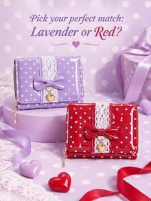 Women's Shiny Polka Dot Bow Trifold Wallet, PU Leather Short Wallet With Lace Decoration, Heart Charm And Zipper Coin Pocket - Multicolor - View 3
