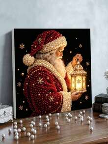 Handmade Pearl Painting Set With Frame, Santa Claus Holding Lamp Pattern Design, Full Set Of Hand Tools, Drill Pen, Rubber Plate, Latest Frame Art, Christmas Gift. - A - View 5