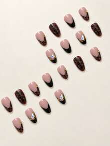 24pcs Autumn/Winter Atmosphere Leopard Print Press-On Nails Black Edge French Style Colorful Rhinestone Gold Bead Medium Long Almond Fake Nails - Multicolor - View 2