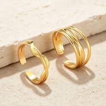 Set Cincin Terbuka Minimalis Garis Berpilin Stainless Steel Berlapis Emas (2 buah), Cocok untuk Pemakaian Sehari-hari Wanita, Kencan, Belanja, Pesta - Seperti yang ditunjukkan pada gambar - View 4