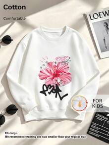 Kids Crew Neck Sweatshirt, Pink Hibiscus Flower Graffiti Star Letter Graphic Print Thick Fleece Lined Pullover For Kids - White - View 1