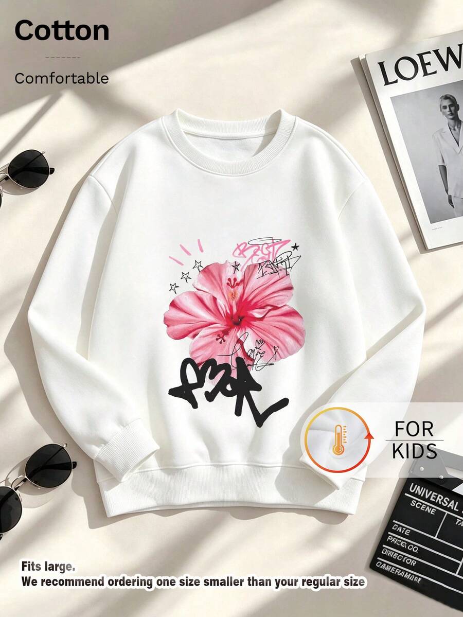 Kids Crew Neck Sweatshirt, Pink Hibiscus Flower Graffiti Star Letter Graphic Print Thick Fleece Lined Pullover For Kids - White - View 1