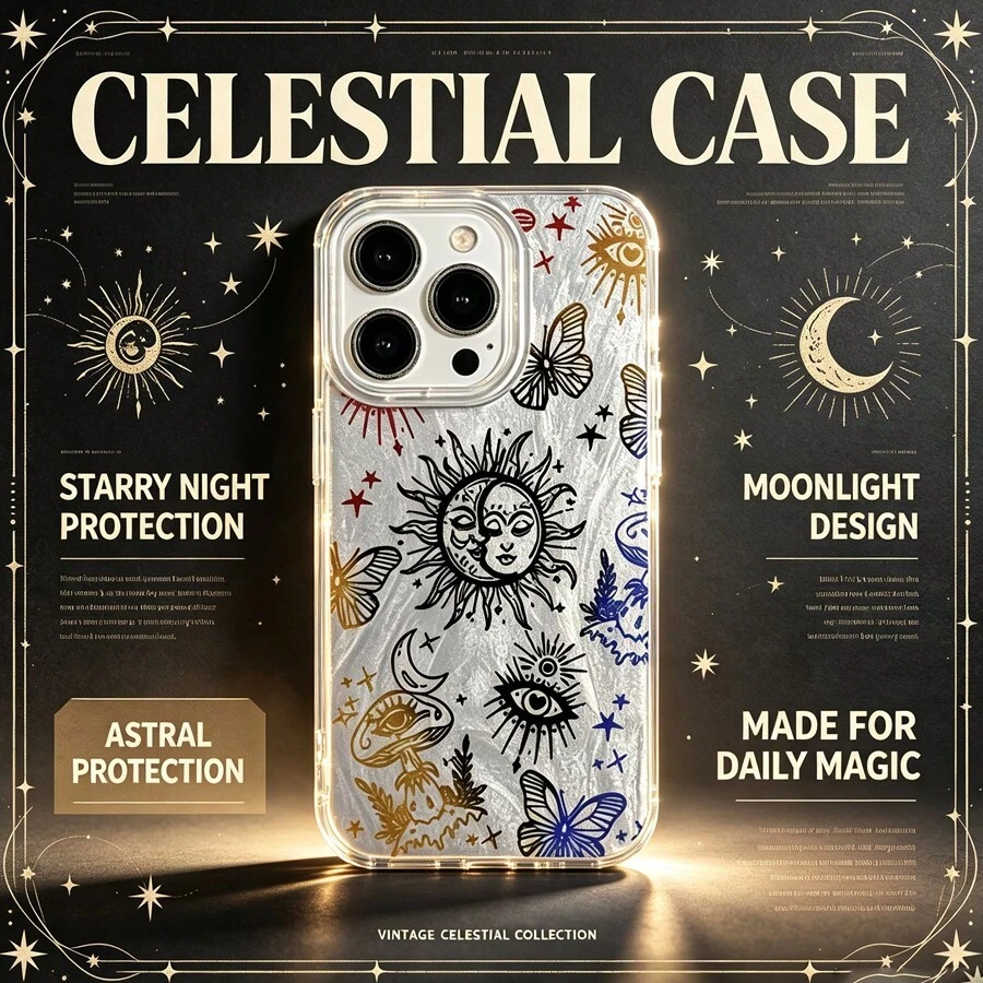 1件裝彩色月亮太陽臉個性化宇宙星空復古歐美時尚復古風格，IMD全包防摔銀色羽毛漸層羽毛波紋亮銀雷射亮片藝術風，相容/18/GALAXY/A/S/14/15/16/17/26/36/56/57/ULTRA/RENO/C/Y/V/Honor/LITE/X/X9C/NOTE/13/14/15/Transsion/SMART/HOT/POP/SPARK/20/30/40/50/60/70手機殼/保護殼