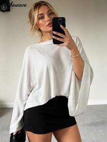 VIBEWAVE Fashionable Batwing Sleeve Loose Lightweight Cape-Style Cinched Waist T-Shirt Casual Design Cape Top - White - View 2