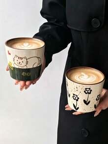1pc Jingdezhen Hand-Painted Ceramic Coffee Mug, Vintage Highly Attractive Personalized Creative Home Coffee Latte Art Cup, Large Capacity Mug, Ink Dot Flower & Green Ground Cat, Interesting Cup, Gift - Multicolor - View 13