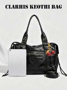 Vintage Distressed Motorcycle Style Tote Bag, Woven Texture With Rivet Details, Fun Cherry Charm Accent, Multi-Zipper Compartment Design, Comes With Replaceable Long Shoulder Strap, Large Capacity Body, Suitable For Daily Outings, Creating American Vintage Atmosphere Outfit - Black - View 4