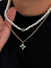 2pcs/Set Autumn Men's Vintage Gold Double Layer Stacked Necklace, Pearl Green Gemstone Square Diamond Collarbone Chain + Star Green Diamond Pendant, Autumn Sweatshirt Matching Accessory Holiday Gift - 2pcs - View 1