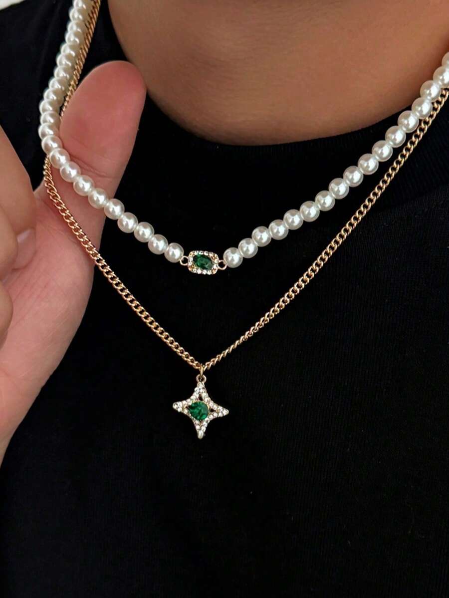 2pcs/Set Autumn Men's Vintage Gold Double Layer Stacked Necklace, Pearl Green Gemstone Square Diamond Collarbone Chain + Star Green Diamond Pendant, Autumn Sweatshirt Matching Accessory Holiday Gift - 2pcs - View 1