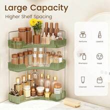 1pc 90-Degree 3-Tier Corner Shelf, U-Shape Opening Vanity Organizer, Large Capacity Makeup & Skincare Storage Rack with Gold Metal Frame for Bathroom Countertop, Space Saving. - Estante triangular para baño verde - Ver 5