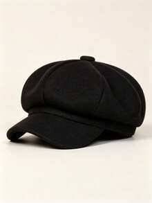 Women's Vintage Newsboy Cap, Solid Color Baker Boy Hat, Adjustable, Warm, Autumn/Winter Commuter Style - Black - View 1