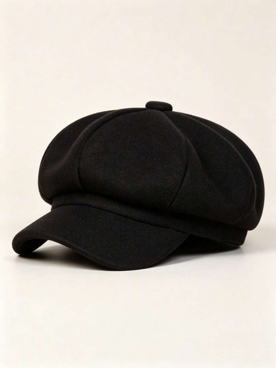 Women's Vintage Newsboy Cap, Solid Color Baker Boy Hat, Adjustable, Warm, Autumn/Winter Commuter Style - Black - View 1