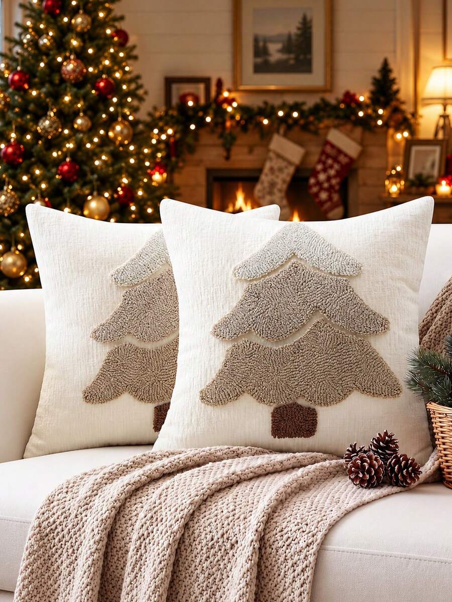 Christmas Tree Snowflake Pillow Case, Winter Embroidered Christmas Tree Decorative Pillow Cover, Soft Plush Faux Fur Cushion Cover, Christmas Sofa Home Decor - Beige - View 1