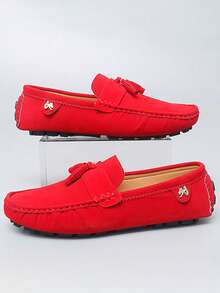 GAISIMA Men's Red Faux Suede Business Loafers, Bow + Metal Buckle Classic Slip-On Driving Shoes, Suitable For Daily Wear And Parties, - Red - View 2