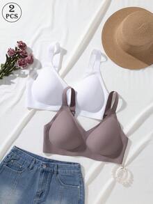 2pcs Jelly Glue Wireless Plus Size Bra, Adjustable Wide Strap, Seamless Back Closure With 4-Row Hooks For Enhanced Support And Cup Stability, Suitable For Commuting, Daily Wear, Home, Sports And Multiple Occasions, Plus Size Women's Bra - Multicolor - View 3