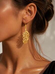 VceTd Juego de 1/2/3 piezas Collar con colgante de pluma dorada elegante y romántica con cadena de cuentas plateadas y pendientes de pluma en acero inoxidable para mujer, adecuado para uso diario, vacaciones o regalo festivo - Amarillo Oro - Ver 4