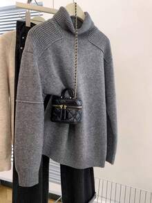 Minimalist Fashion Women's Knitted Turtleneck Sweater, Long Sleeve Ribbed Patchwork Textured Detail Pullover, Suitable For Cold Weather, Wool Blend - Grey - View 2