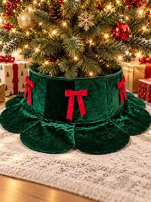 1pc Deep Green Velvet Bow Christmas Tree Collar, 60cm Elegant Wavy Edge Tree Skirt Base Cover, Luxury Christmas Tree Bottom Decoration, Suitable For Christmas Party, Holiday Home And Living Room Decor - Dark Green - View 1