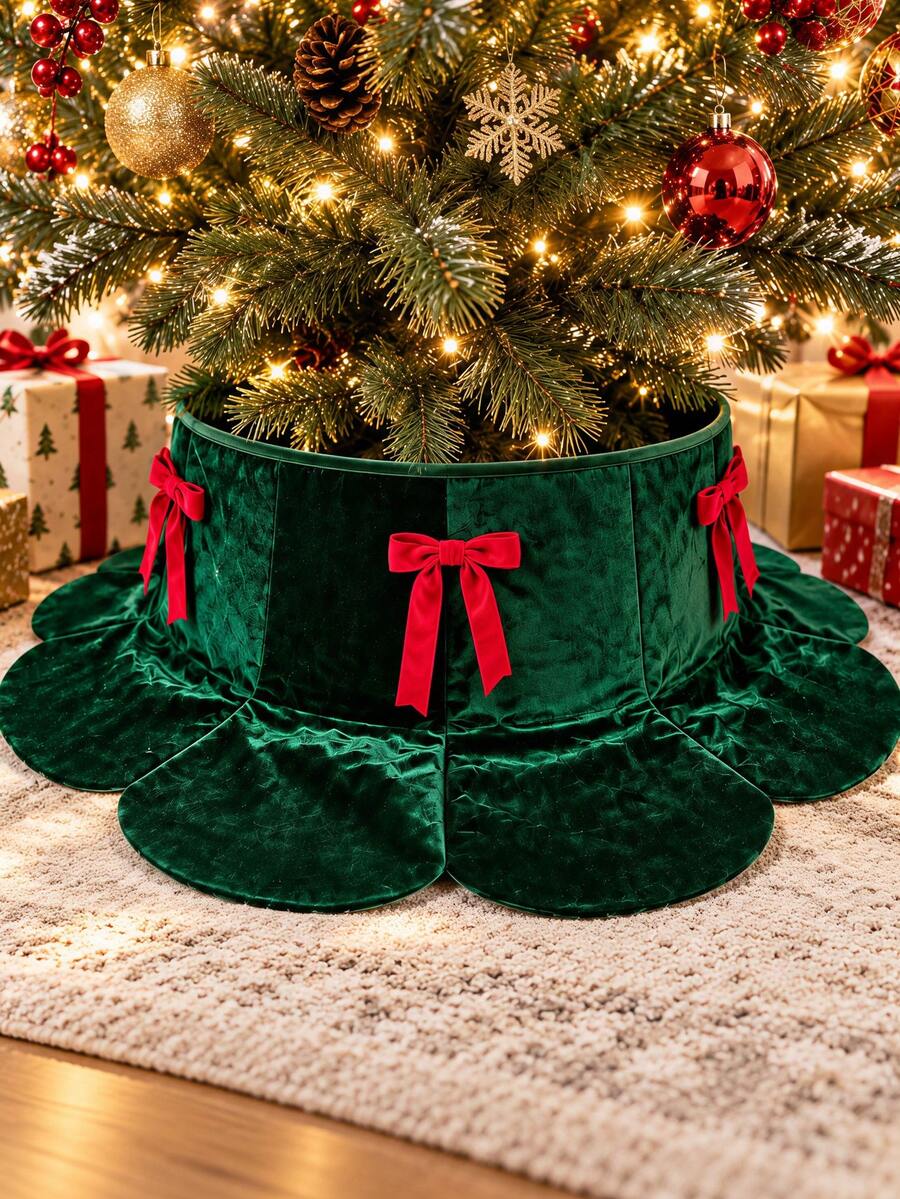 1pc Deep Green Velvet Bow Christmas Tree Collar, 60cm Elegant Wavy Edge Tree Skirt Base Cover, Luxury Christmas Tree Bottom Decoration, Suitable For Christmas Party, Holiday Home And Living Room Decor - Dark Green - View 1