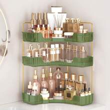 1pc 90-Degree 3-Tier Corner Shelf, U-Shape Opening Vanity Organizer, Large Capacity Makeup & Skincare Storage Rack with Gold Metal Frame for Bathroom Countertop, Space Saving. - Estante triangular para baño verde - Ver 10