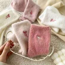5/10 Pairs Cute Bow Embroidery Plush Mid-Calf Socks, Thickened Coral Fleece Women's Socks, Soft And Comfortable, Autumn/Winter Socks, Warm Socks, Christmas/Halloween Gifts, Women's Mid-Calf Socks, Women's Socks, Pink Socks, Comfortable And Soft, Girls' Socks, Back To School, Collegiate Style - Multicolor - View 8