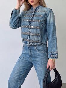 Women's Fashion Vintage Denim Jacket, Long Sleeve Stand Collar Short Coat With Zipper And Decorative Buttons - Light Wash - View 5