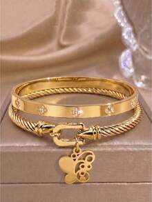 2pcsGold-Tone Stainless Steel Bangle With Exquisite Snowflake Charm, Romantic Vibe & Gentle Winter Texture - Gold - View 3